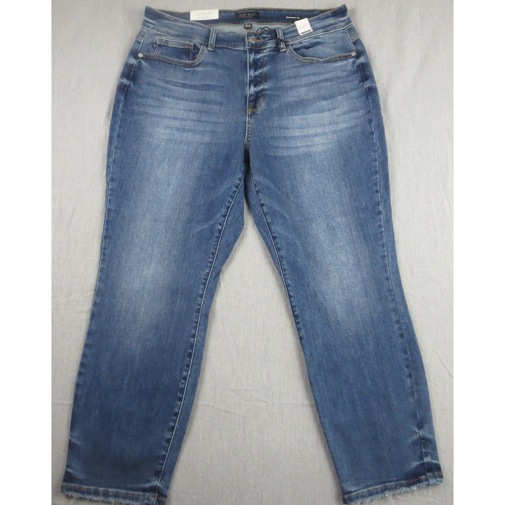 Judy Blue Womens 18W Mid Rise Boyfriend Jeans Medium Wash Raw Hem Denim Pants